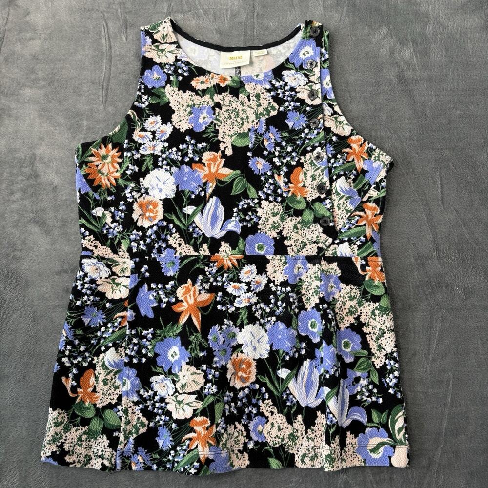 Anthropologie Maeve Women Top XL black blue green floral Brenner Button Detail